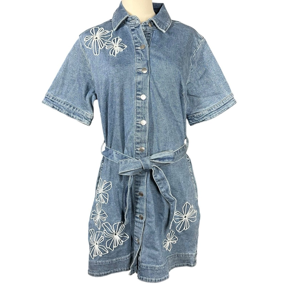 Free Assembly Womens Embroidered Denim Mini Dress Medium Wash Blue Floral Size M